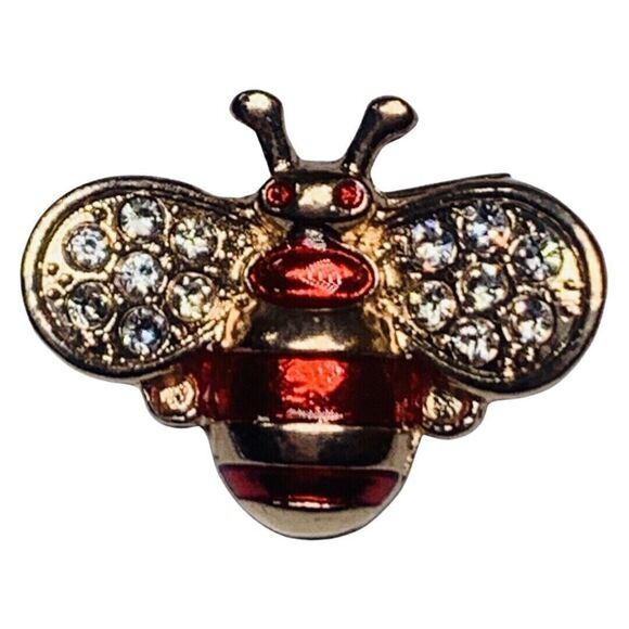 Rhinestone Bumble Bee Brooch Pin 1 1/8”  Red Icy Cute - Picture 8 of 13